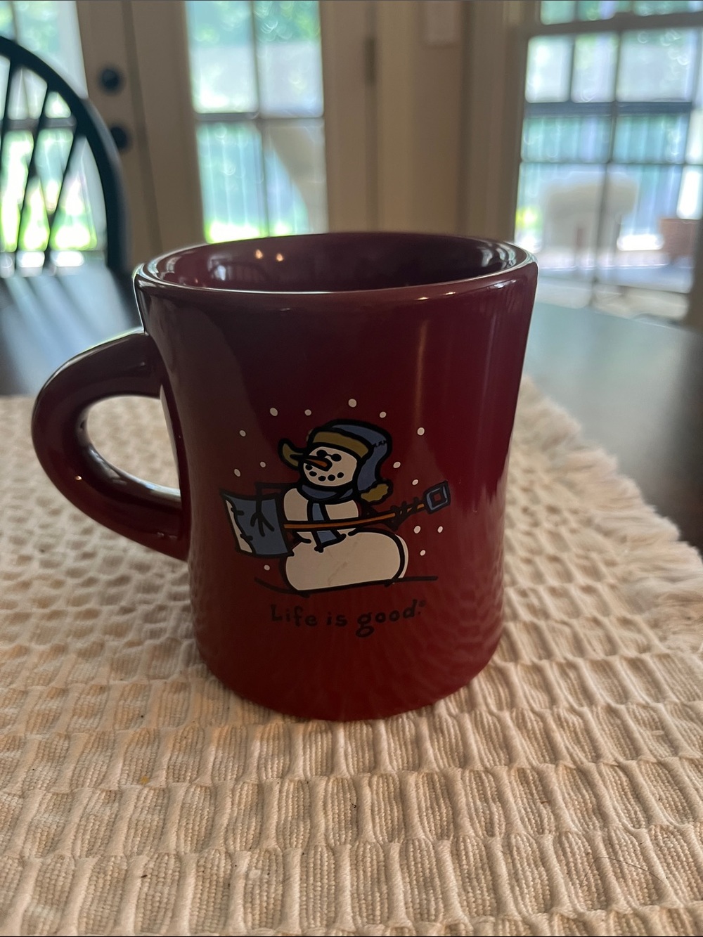 Life Is Good Maroon Snowman Ceramic Mug